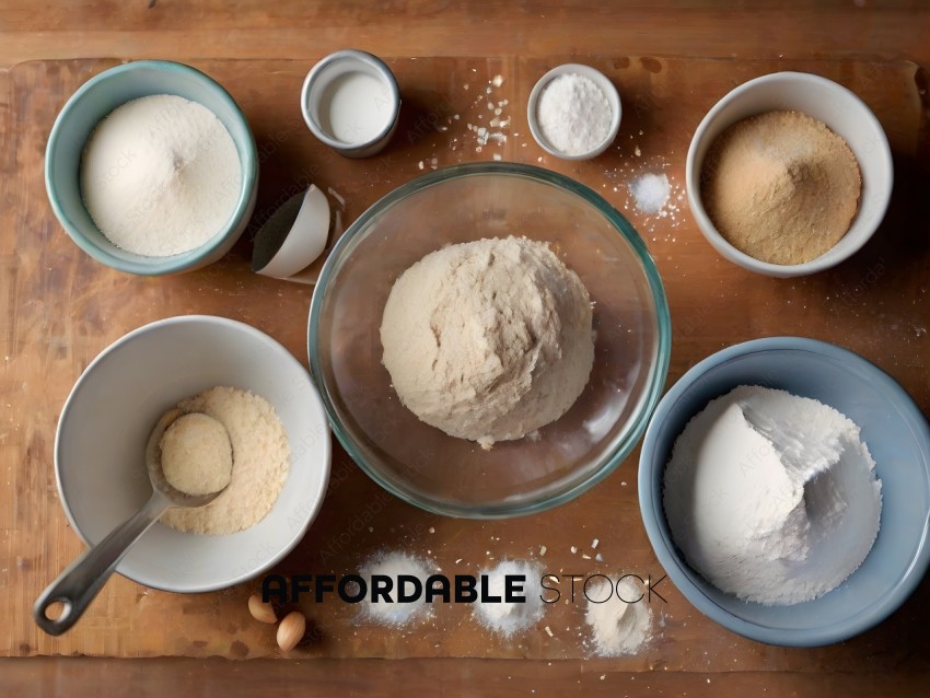 A table with bowls of flour and a mixing bowl