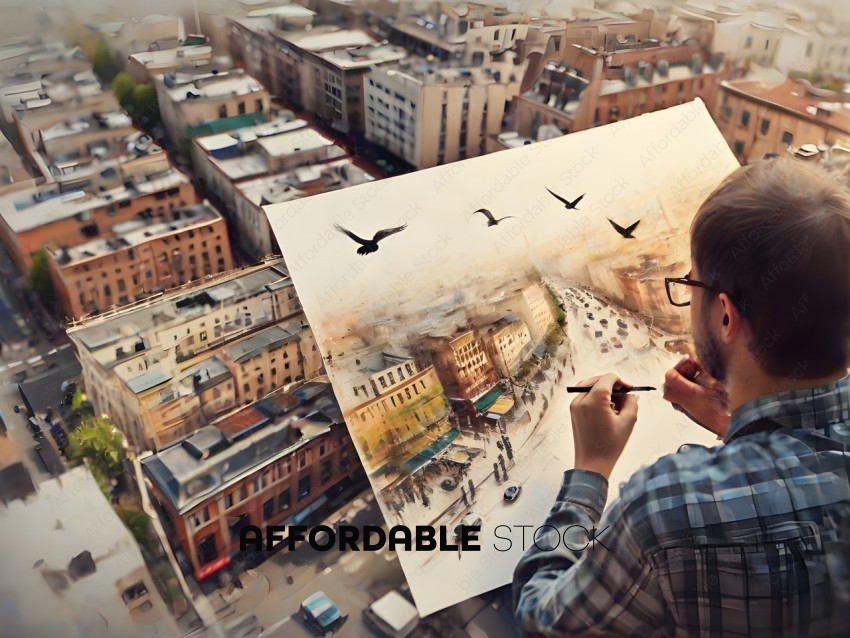 A man drawing a picture of a city with birds flying over it