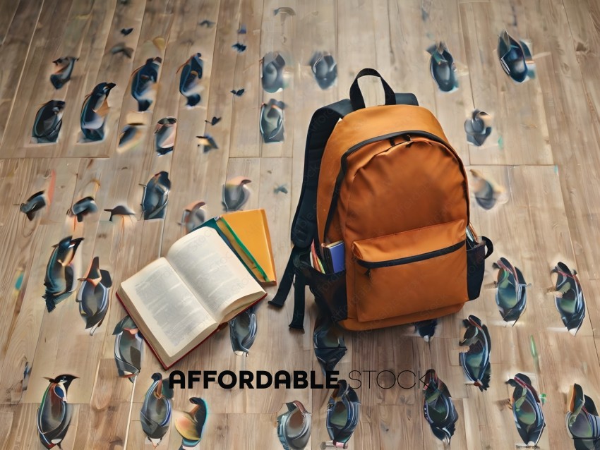 A backpack with a book and a bird pattern on the floor