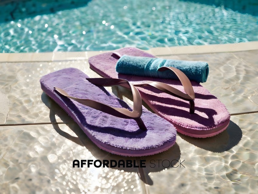 Two pairs of flip flops on a poolside