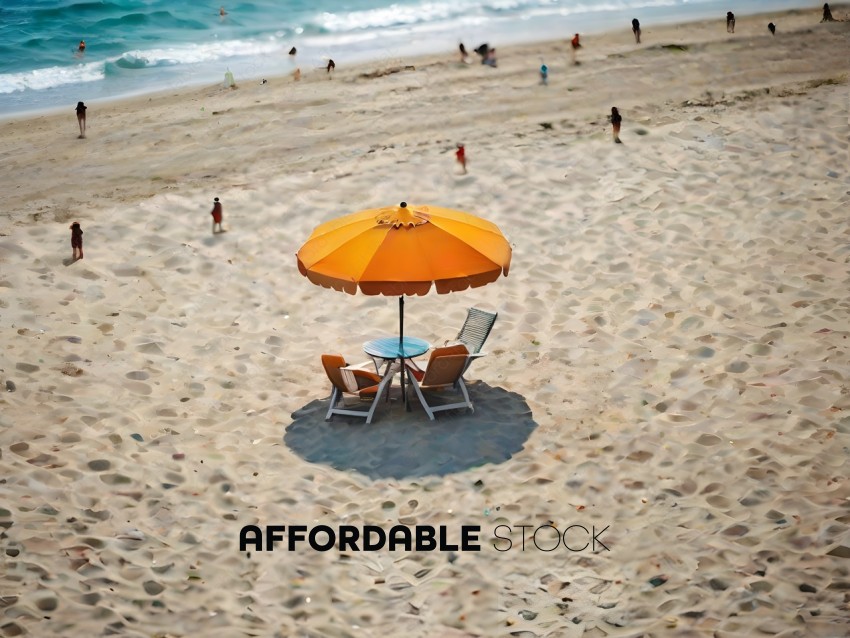 A beach umbrella and table set up on the sand