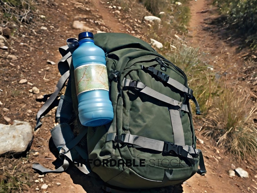 A green backpack with a blue water bottle attached
