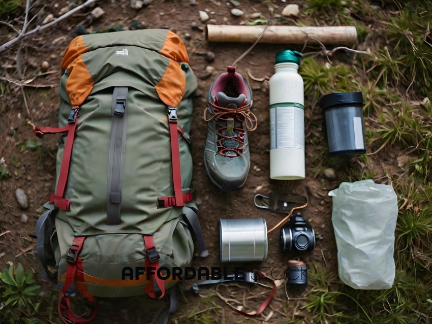 A hiking backpack and its contents on the ground