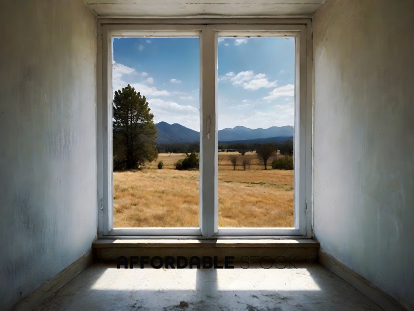 A view of a field through a window