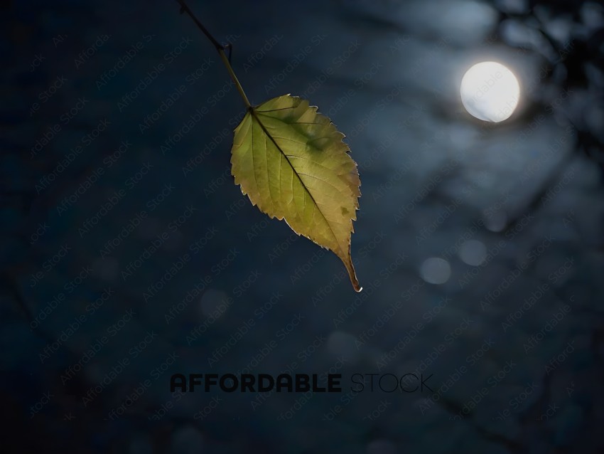 A leaf hanging from a branch in the dark