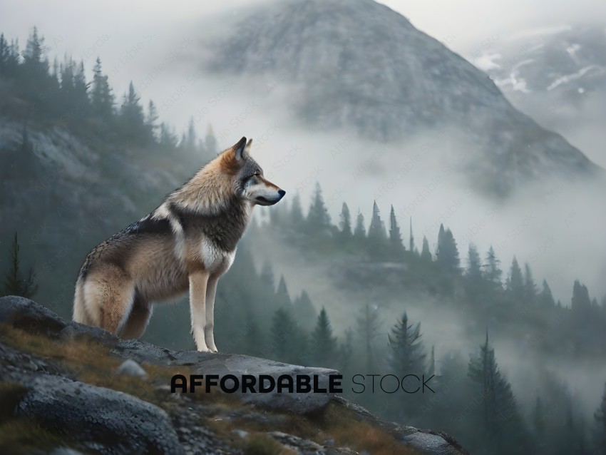 A Wolf Stands on a Rocky Outcropping in the Mountains