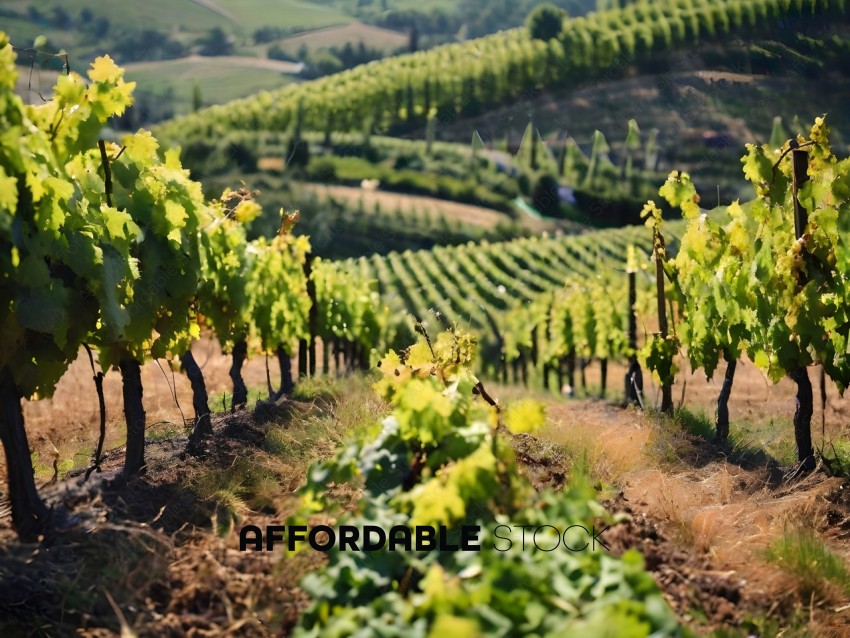 Vineyards with green leaves and brown dirt