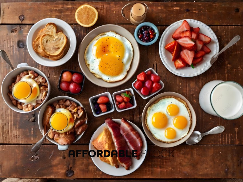 A variety of breakfast foods on a wooden table