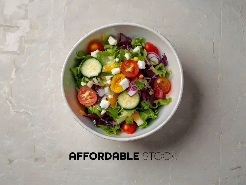 A white bowl filled with a salad containing tomatoes, cucumbers, and cheese