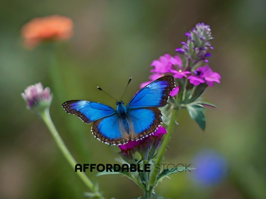 A blue butterfly sits on a pink flower