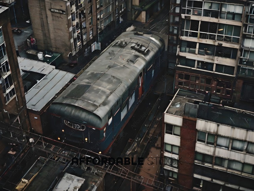 A train in a city with a lot of buildings
