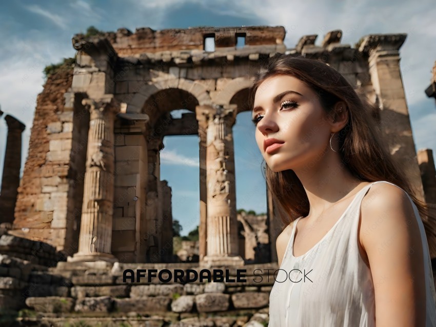 A woman in a white dress standing in front of ancient ruins