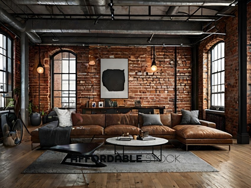 A large brown leather couch in a brick room
