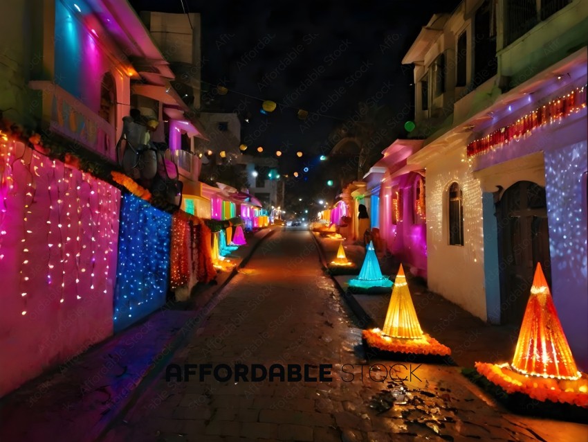Colorful Lights on a Pathway at Night