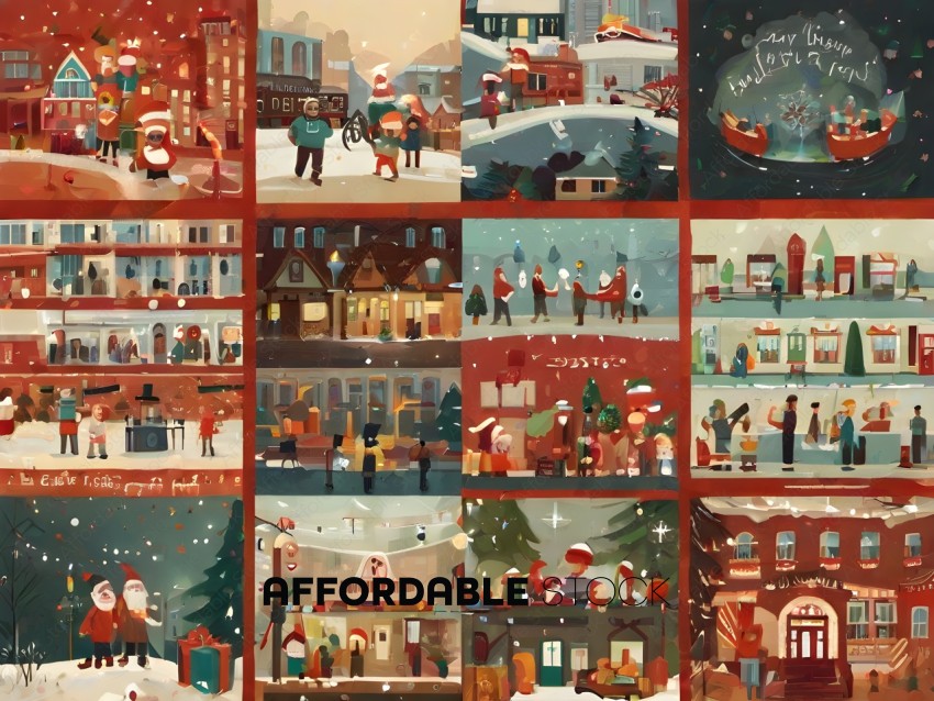 A colorful collage of Christmas scenes