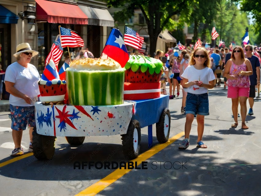 A parade float with a cake on it