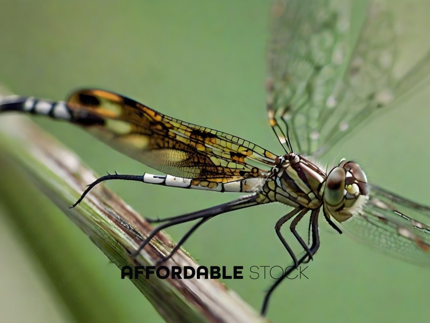 A dragonfly is perched on a green stem