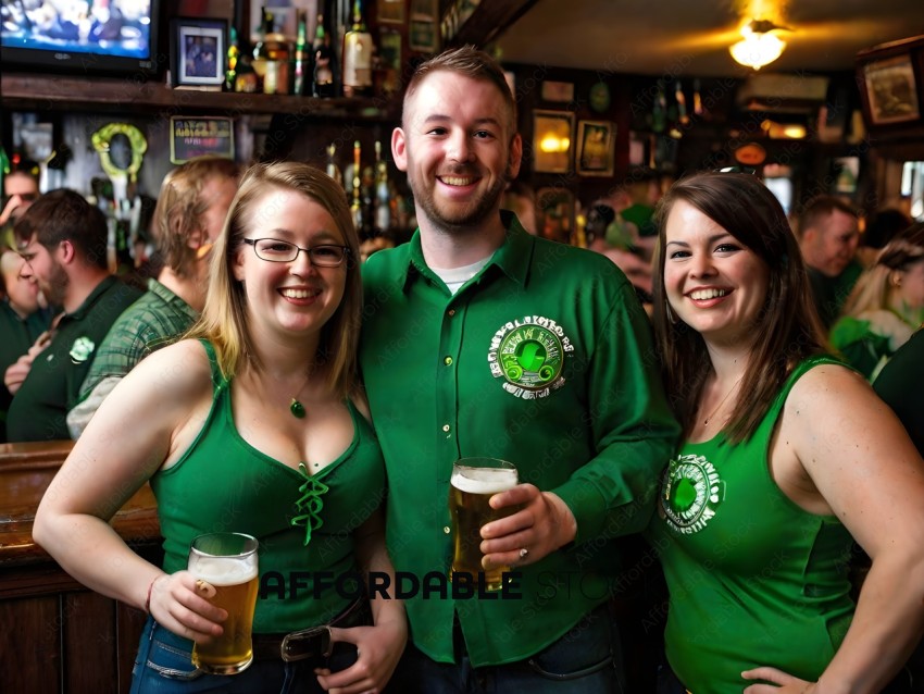 A group of people in green shirts and glasses
