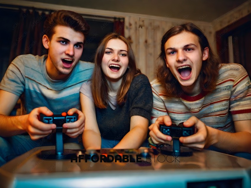 Three friends playing video games together
