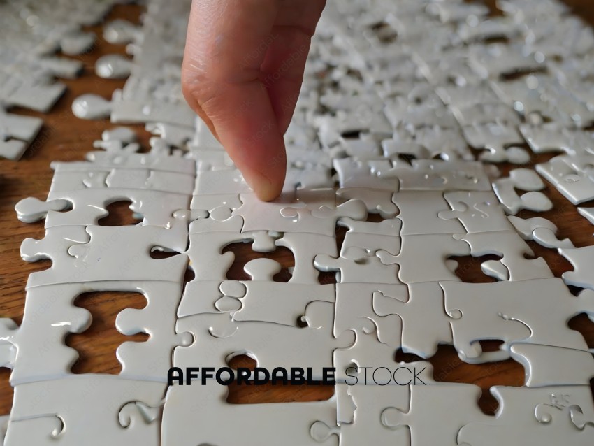 A person's finger is touching a piece of a jigsaw puzzle