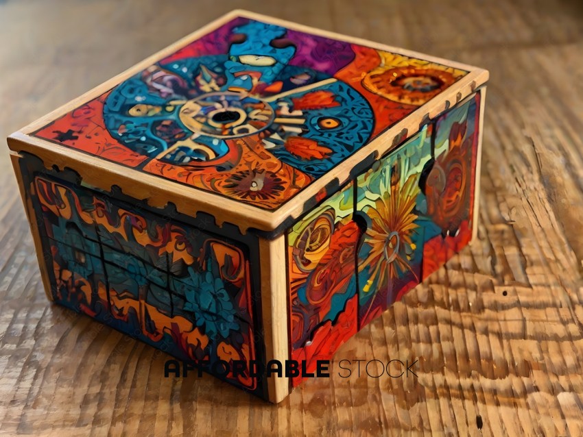 A colorful wooden box with a pattern of circles and stars