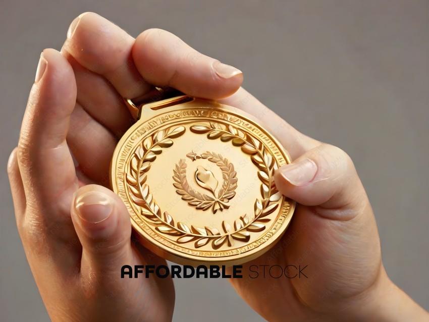 A person holding a gold coin with a laurel wreath on it