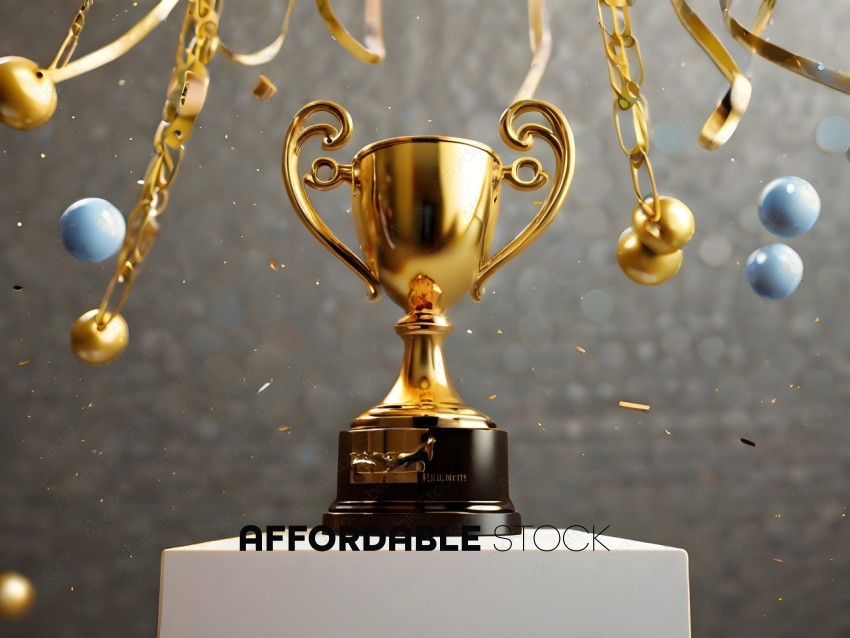A gold trophy with a black base