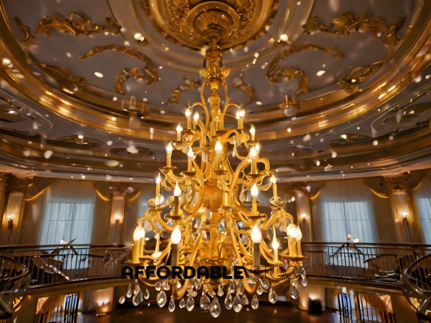 A gold chandelier with crystal drops