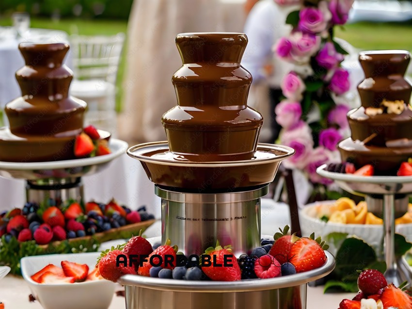 A Chocolate Fountain with Strawberries and Blueberries