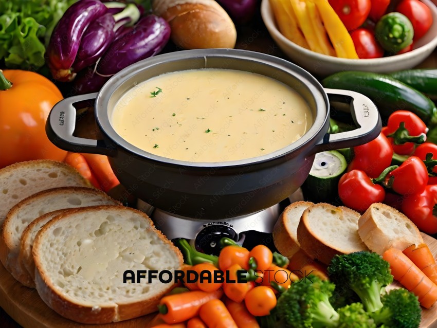 A variety of vegetables and bread with a creamy sauce