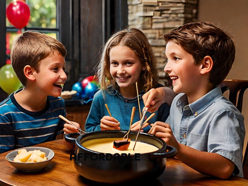 Three children eating soup with chopsticks