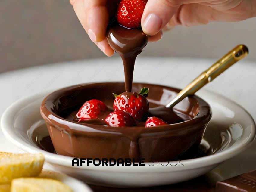 A person dipping a strawberry into chocolate