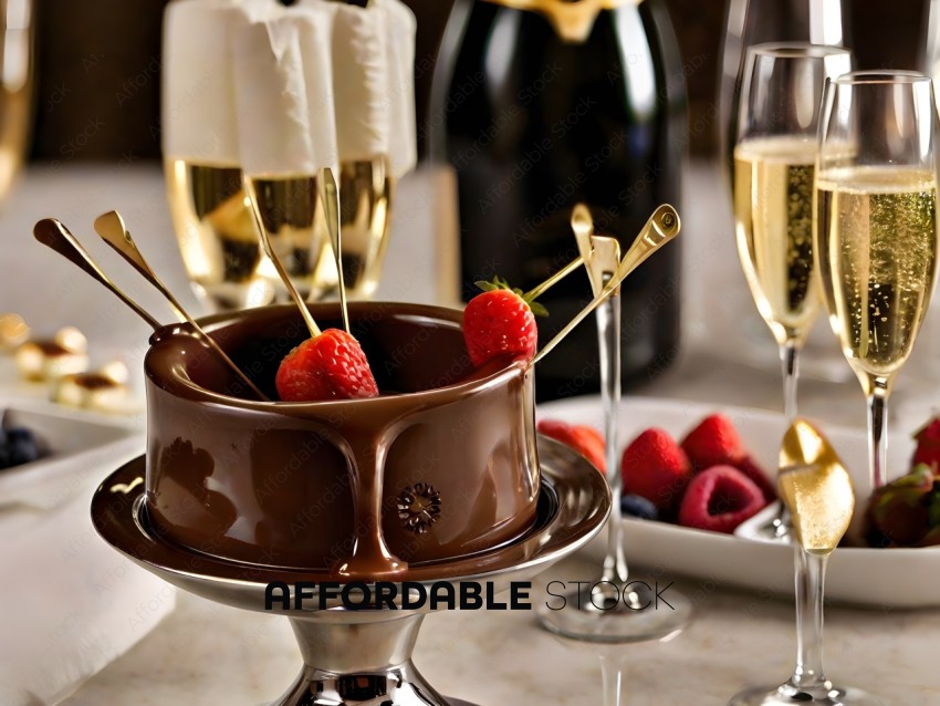 A chocolate dessert with strawberries and champagne