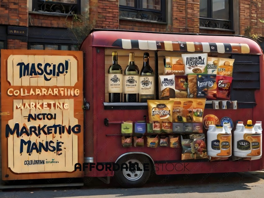 Red Food Truck with Bottles of Wine and Snacks
