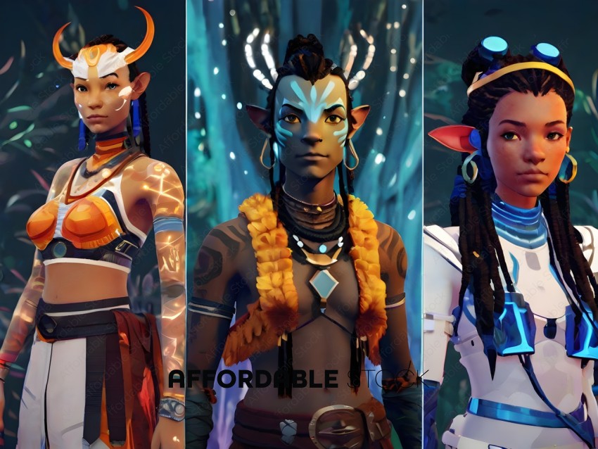 Three female characters with different outfits and headgear