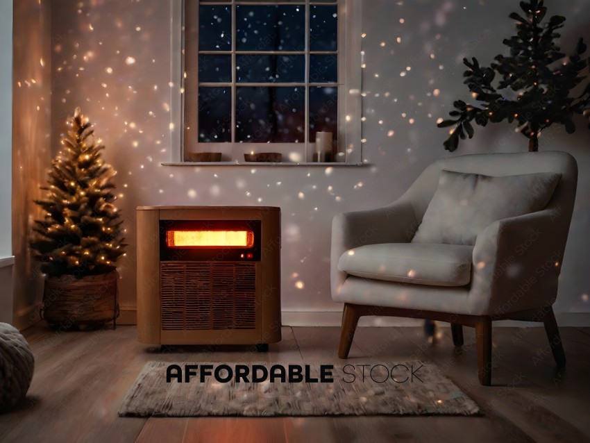 A cozy living room with a fireplace and a Christmas tree