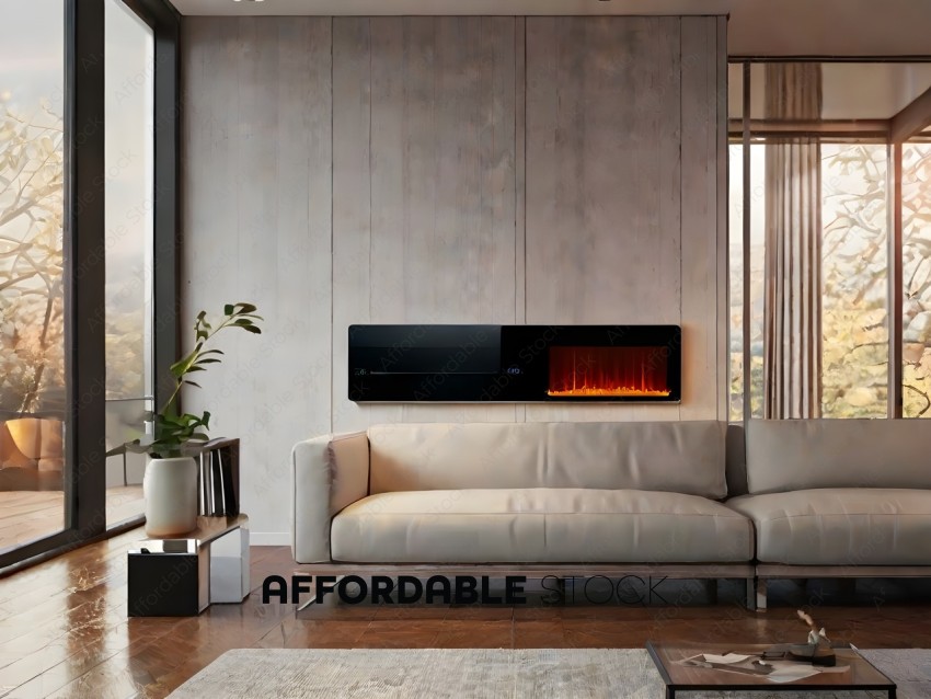 A white couch with a fireplace in the background