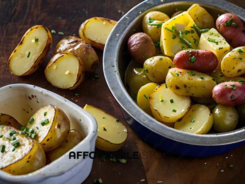 A White Bowl of Sliced Potatoes and Parsley