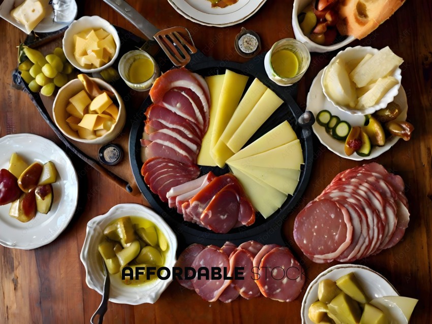 A variety of foods including meat, cheese, and pickles