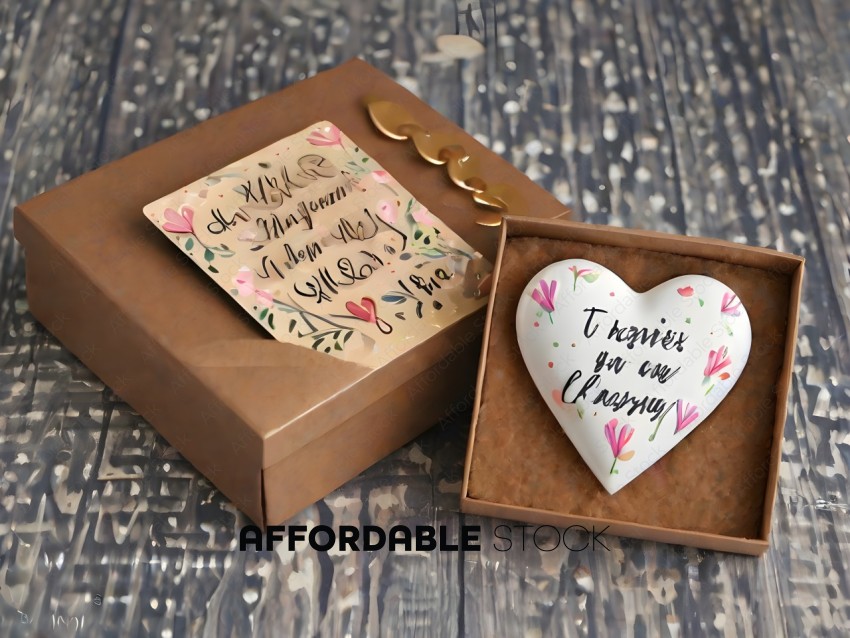 A heart shaped box with a note and a heart shaped magnet