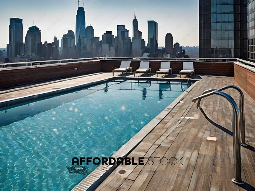 A rooftop pool with a city view