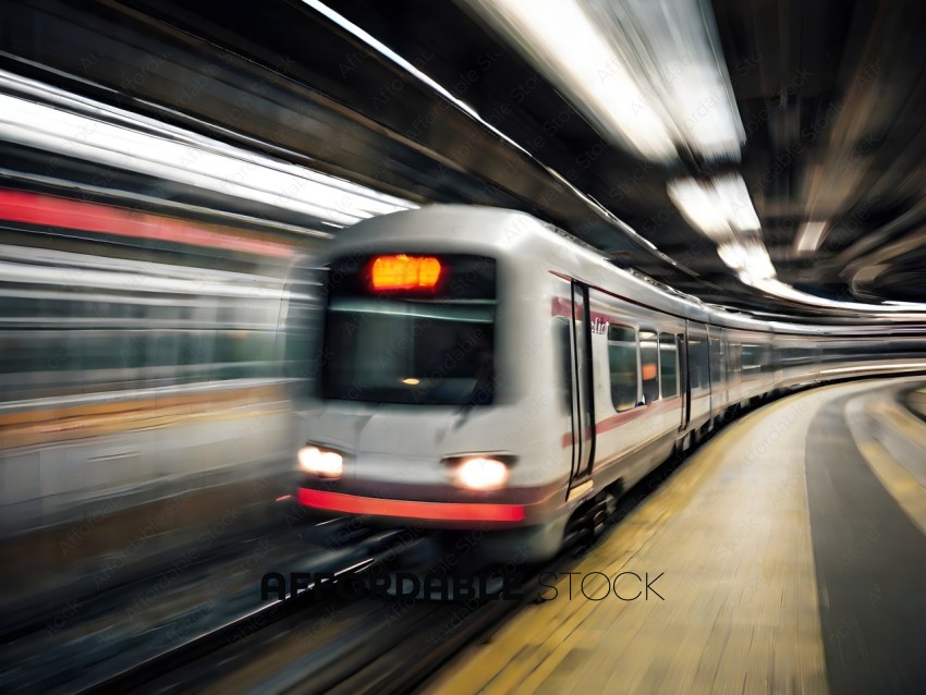 A blurry train with a red light on the front