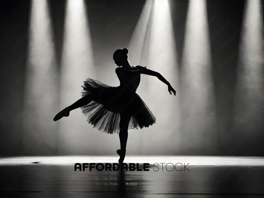 A ballerina in a black tutu and leggings dances in a spotlight