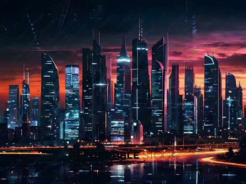 A futuristic cityscape with a river running through it