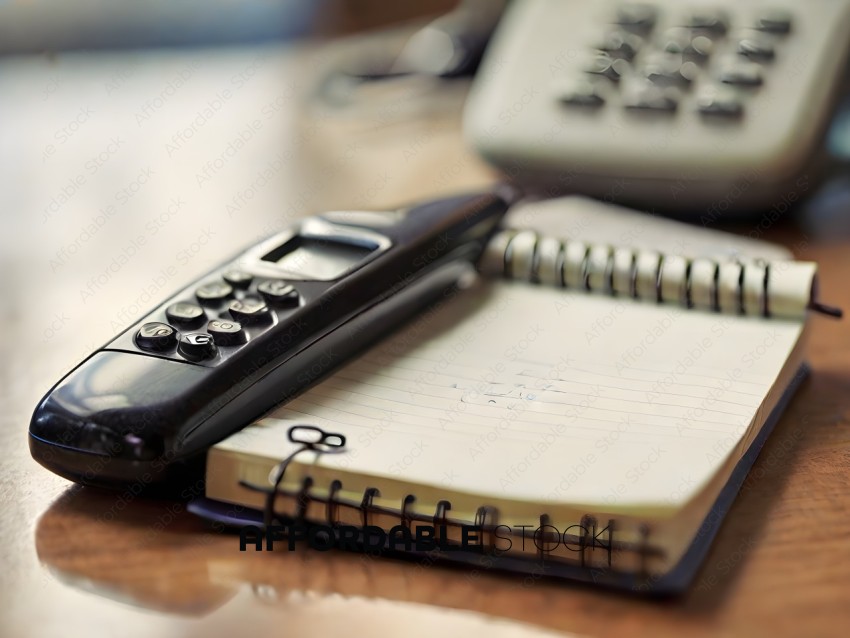 A black cell phone and a notebook with a calculator on the table