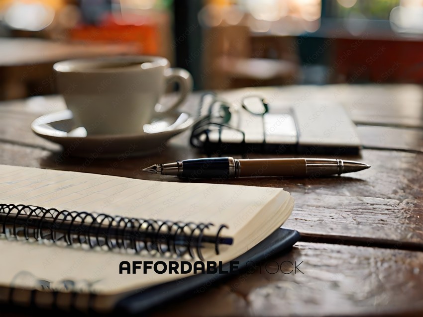 A notebook, pen, and coffee cup on a wooden table
