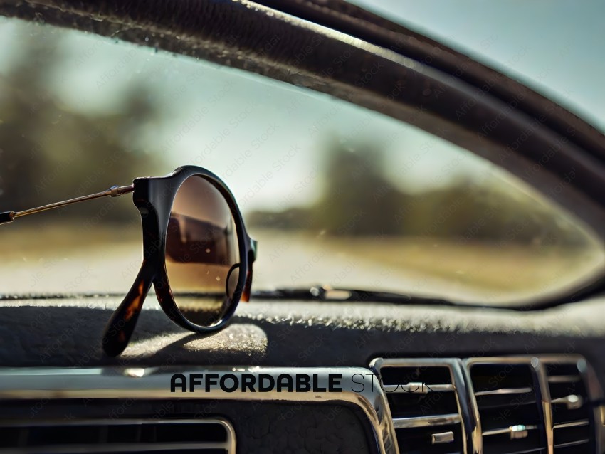 A pair of sunglasses on a car dashboard