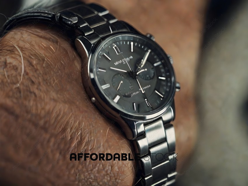 A silver and black watch on a man's wrist