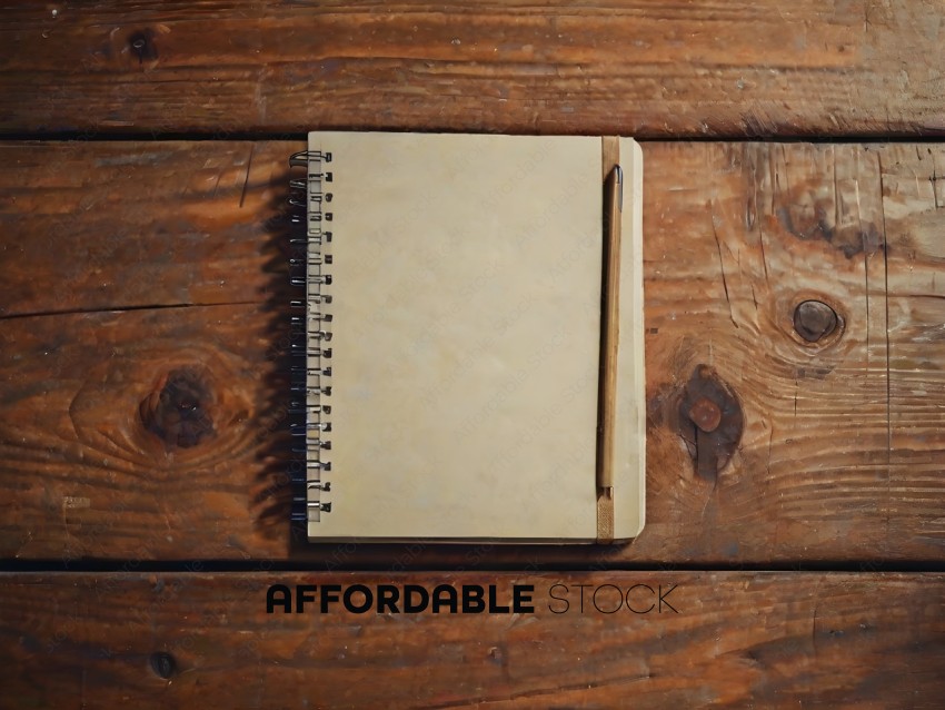 A notebook with a pen on a wooden table