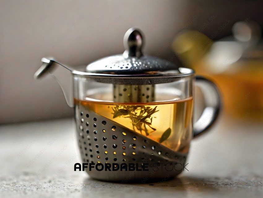 A silver tea strainer with tea leaves in it